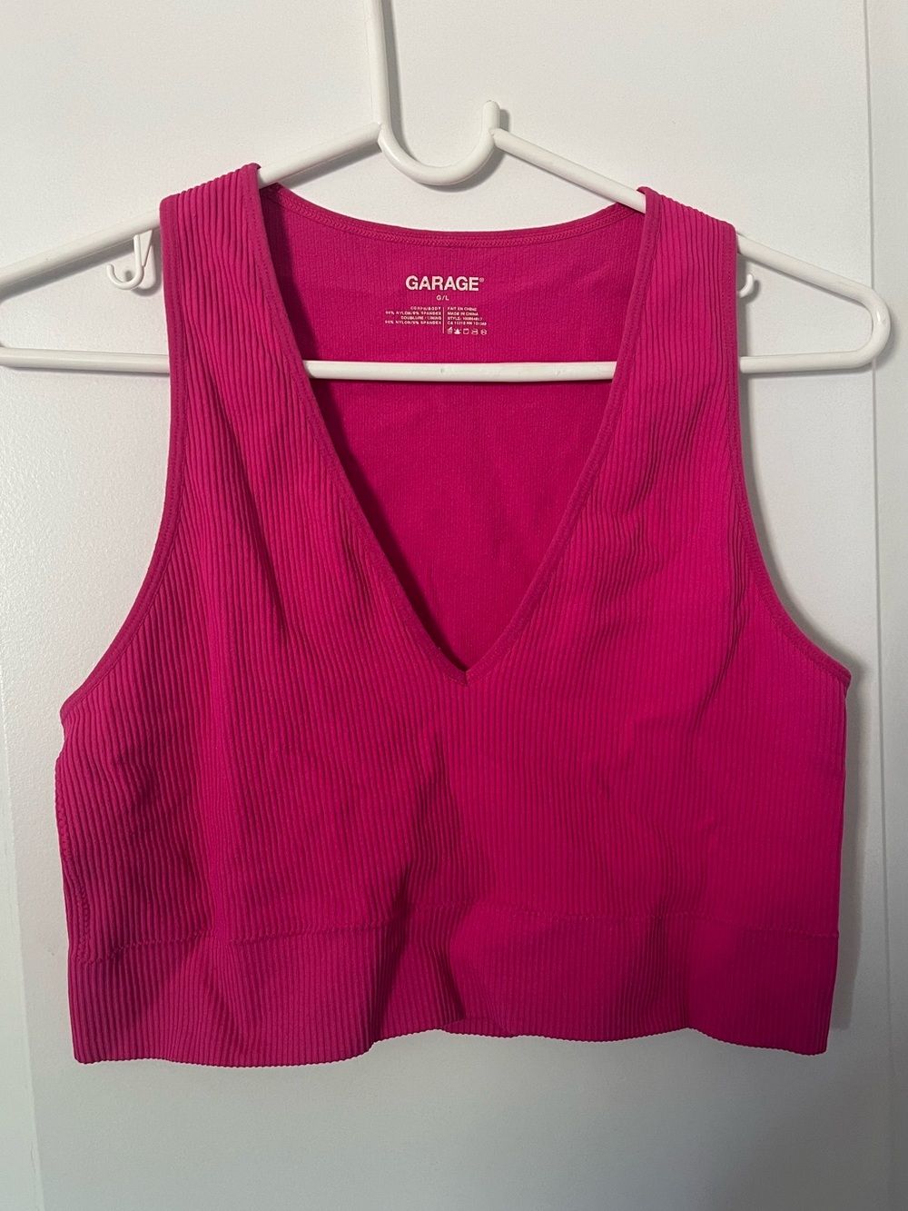 Garage Ribbed V-Neck Cropped Tank Top - Hot Pink